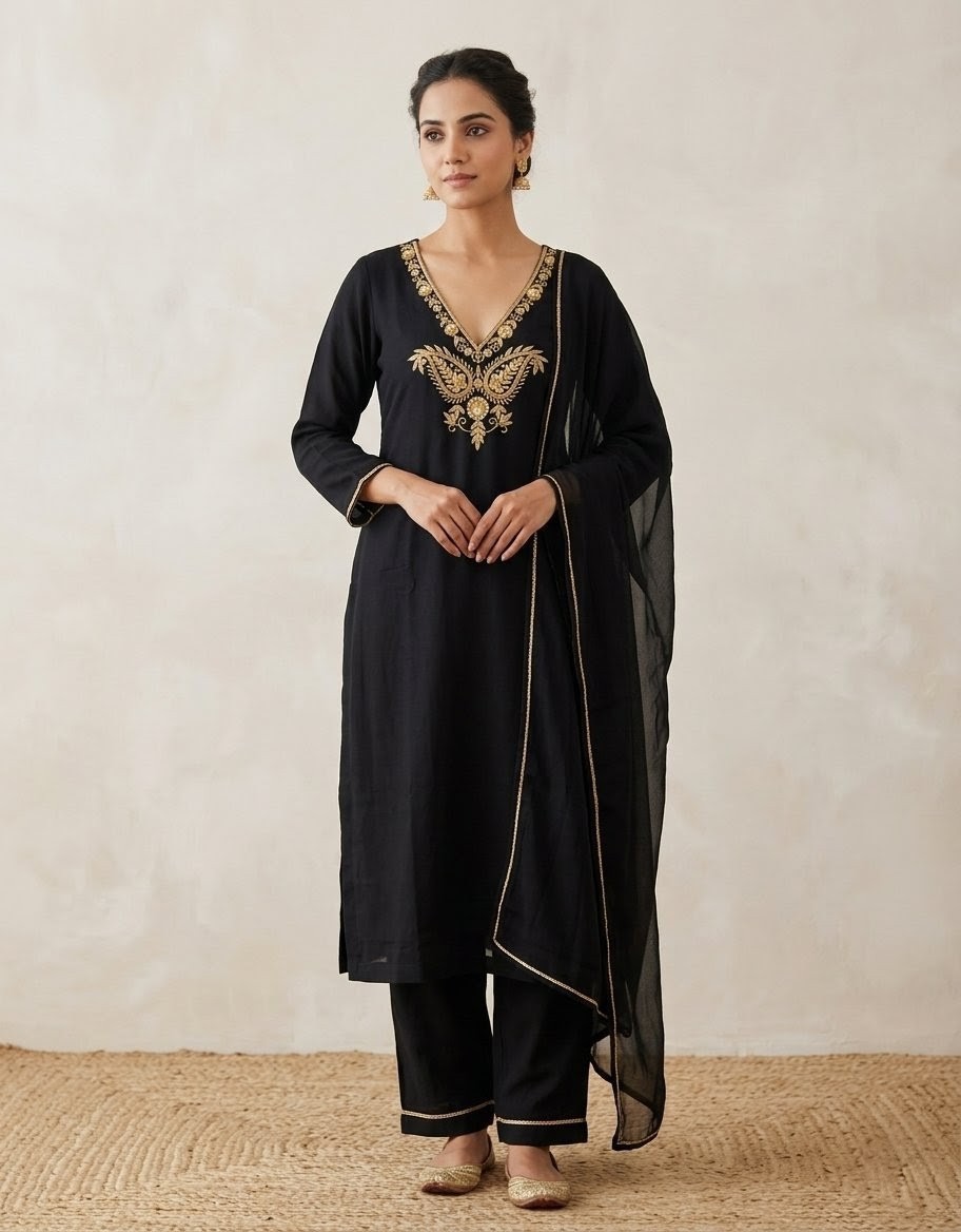 Elegant Black Crepe Salwar Suit Gold Embroidery Chiffon Dupatta Custom Size