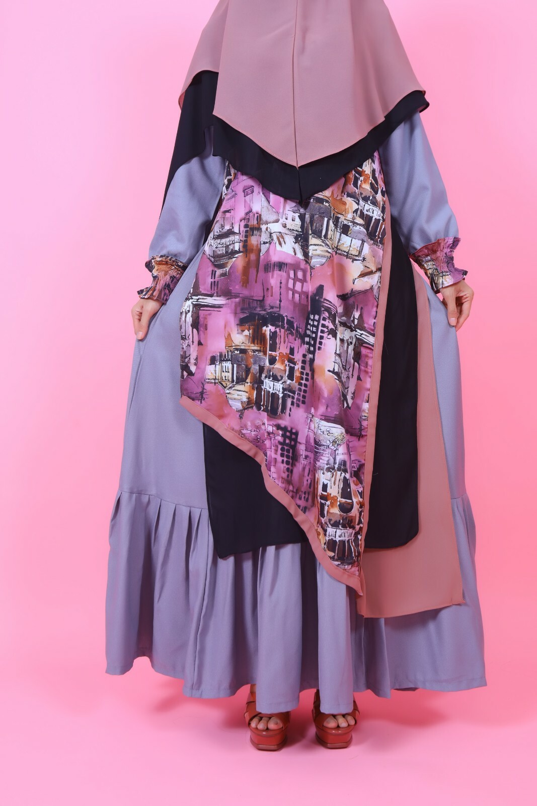 gray print pattern abaya & khimars set,abaya Maxi Dress,Modern hijab girls dress