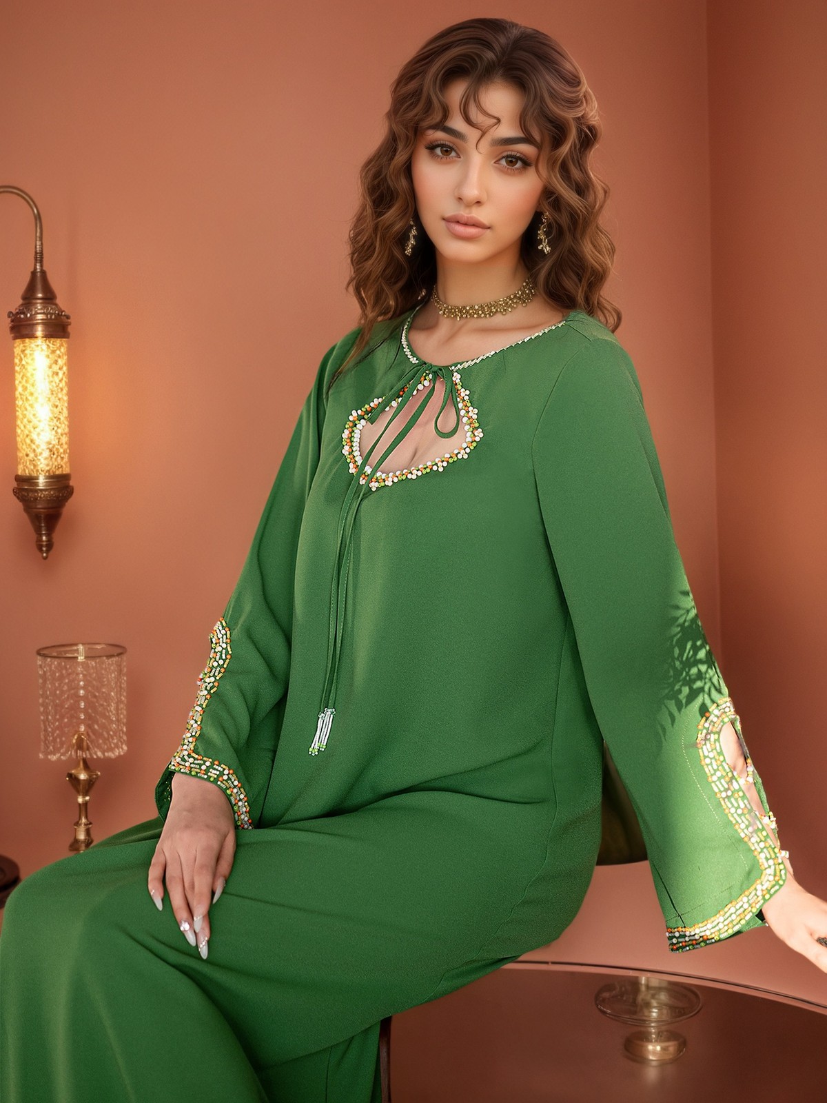 New Women Beaded Dress Elegant Arab Loose Abaya Muslim Kaftan Dubai Party Gown
