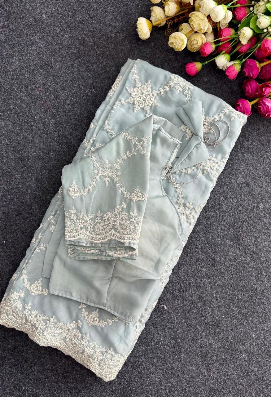 Exclusive soft organza saree with heavy with complete parsi work summer bliss