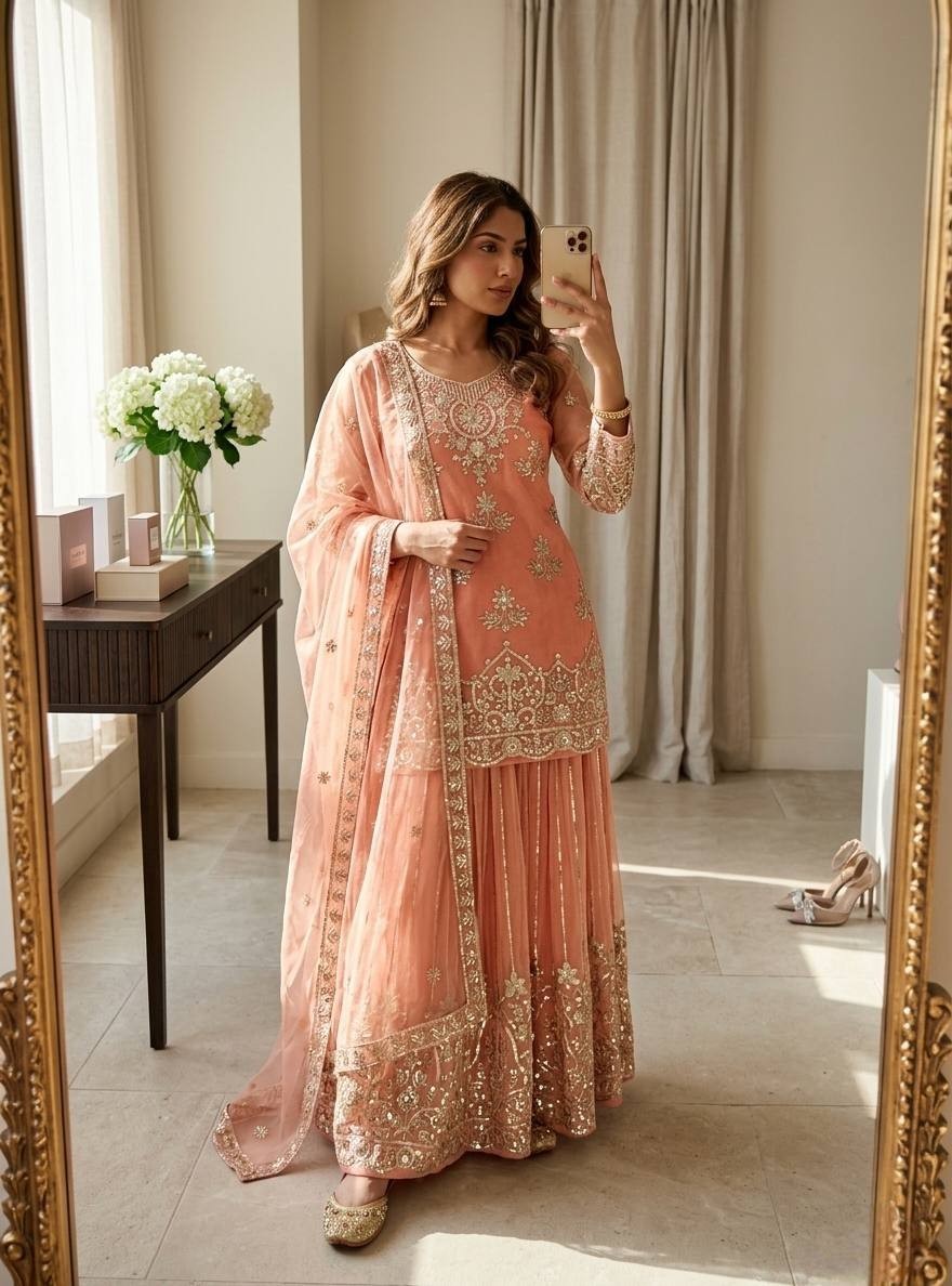 Indian Style Pure Organza Peach Top Palazzo With Dupatta For Reception Wear