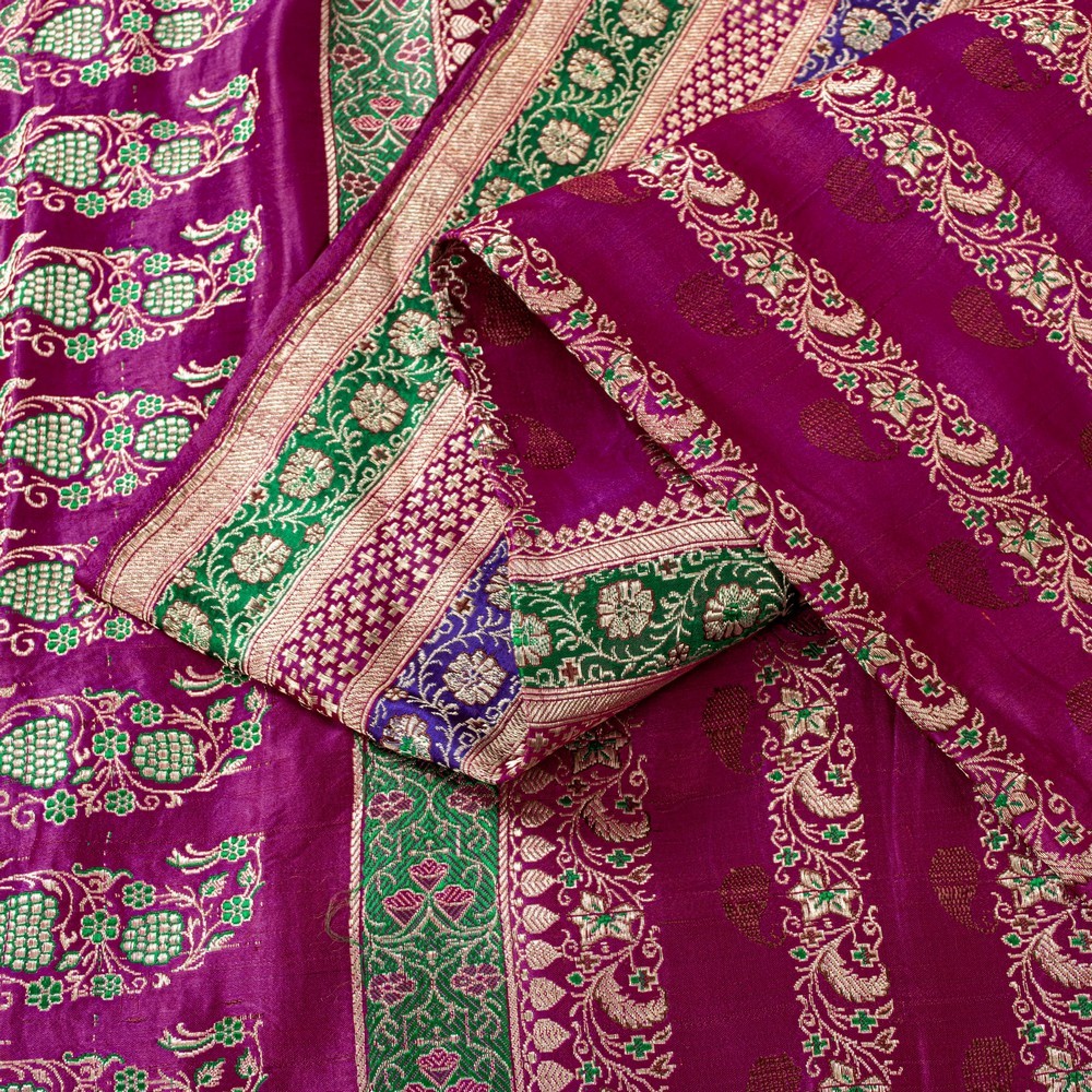 Sanskriti Vintage Pink Pure Satin Sarees Zari Hand Woven Brocade Banarasi Fabric