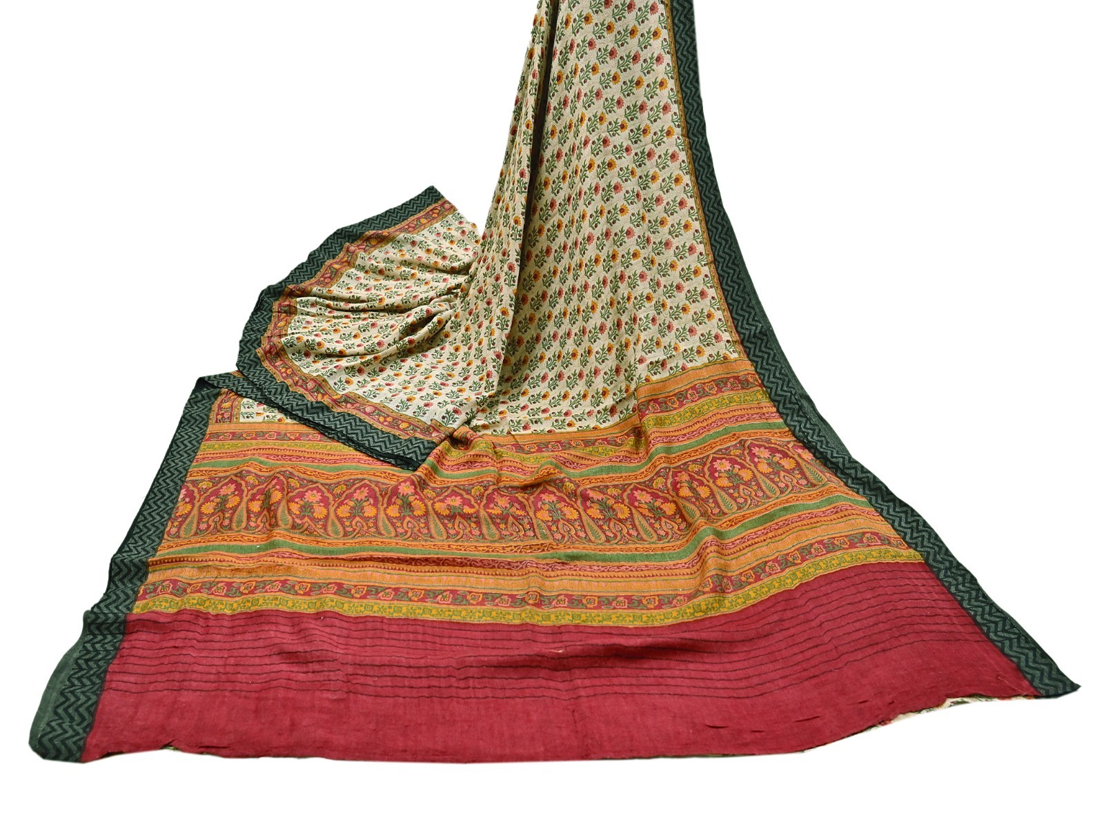 Vintage Red Beige Wool Saree Indian Pure Woolen Woven Floral Fabric 5Yard Soft