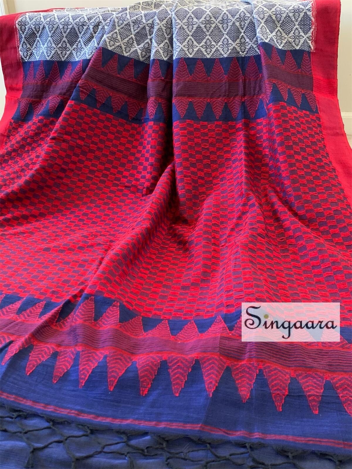 Unique pure khadi cotton White and navy blue half and half saree casual wear