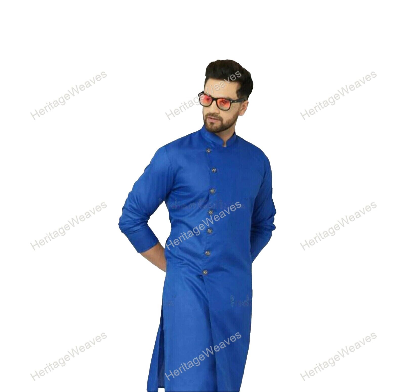 Indian Mens Long Kurta Top Tonic Traditional Party Dress Kurta Color Blue