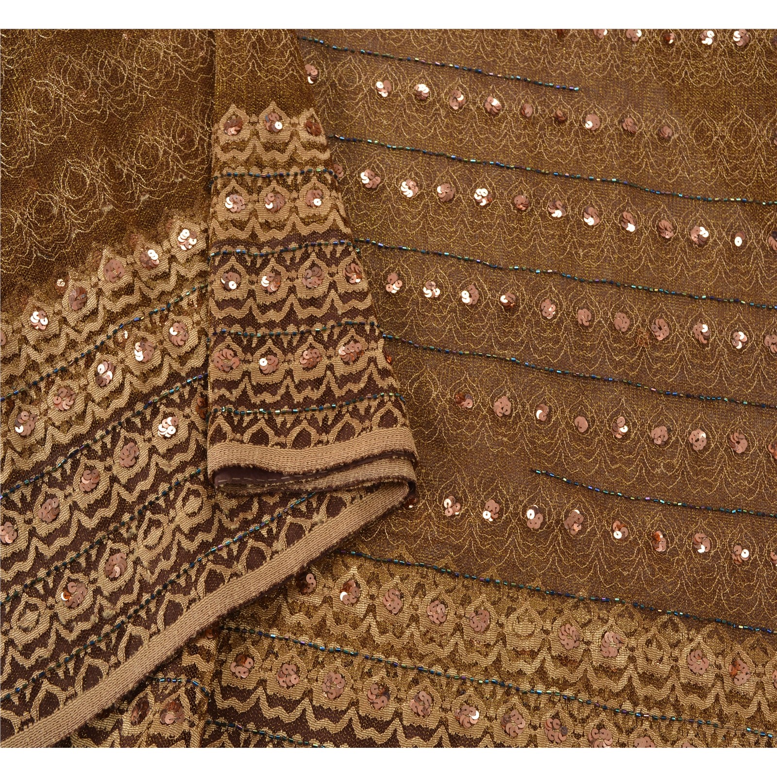 Sanskriti Vintage Sarees Net Mesh Hand Beaded Woven Brown Fabric Craft 5 Yd Sari