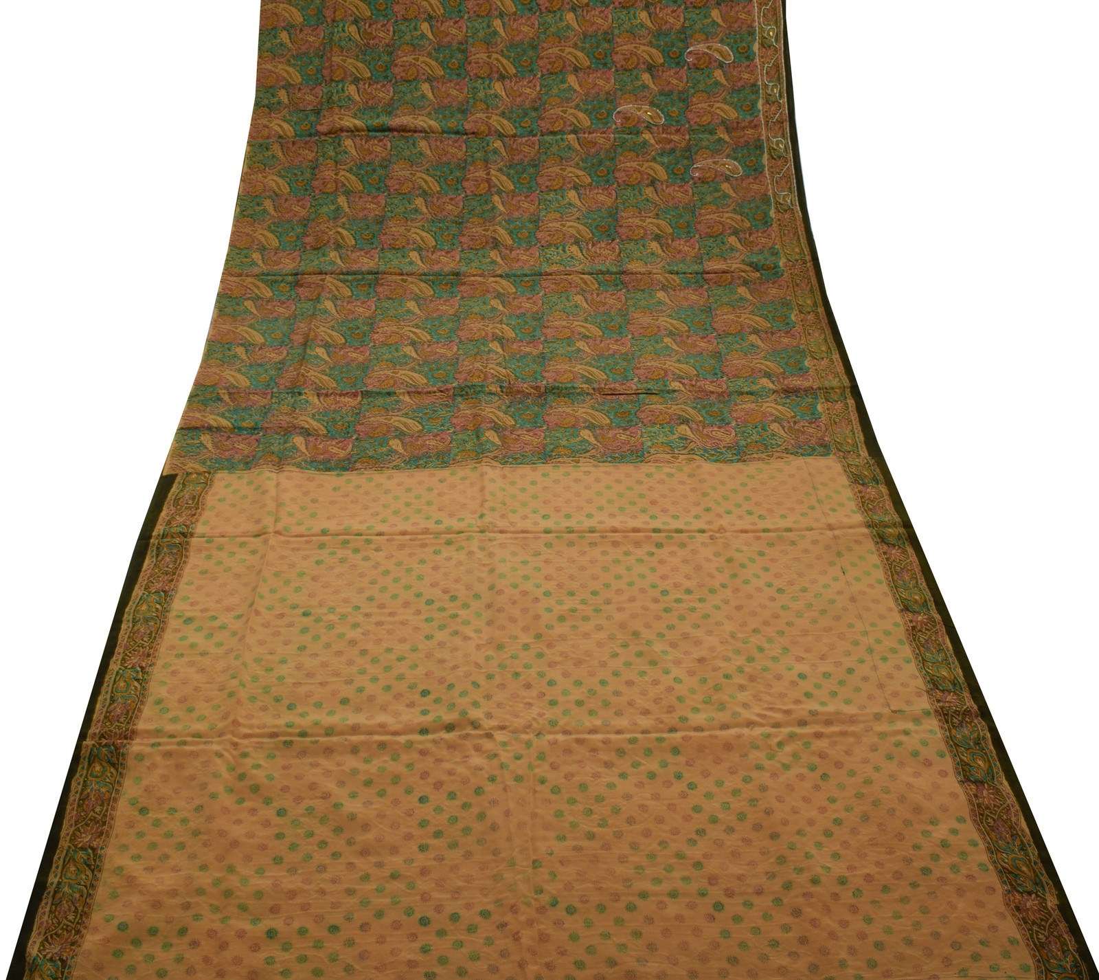 Sushila Vintage Multi-Color Saree Pure Crepe Hand Printed Paisley Sari Fabric