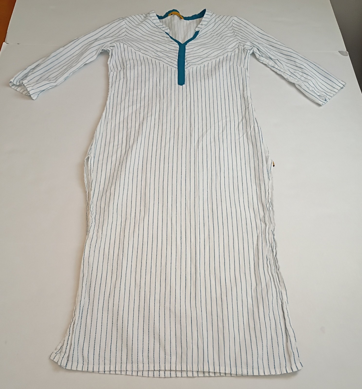Aurelia Cotton Kurta Women A-line Dress White Teal Stripe Roll Tab Sleeve XS
