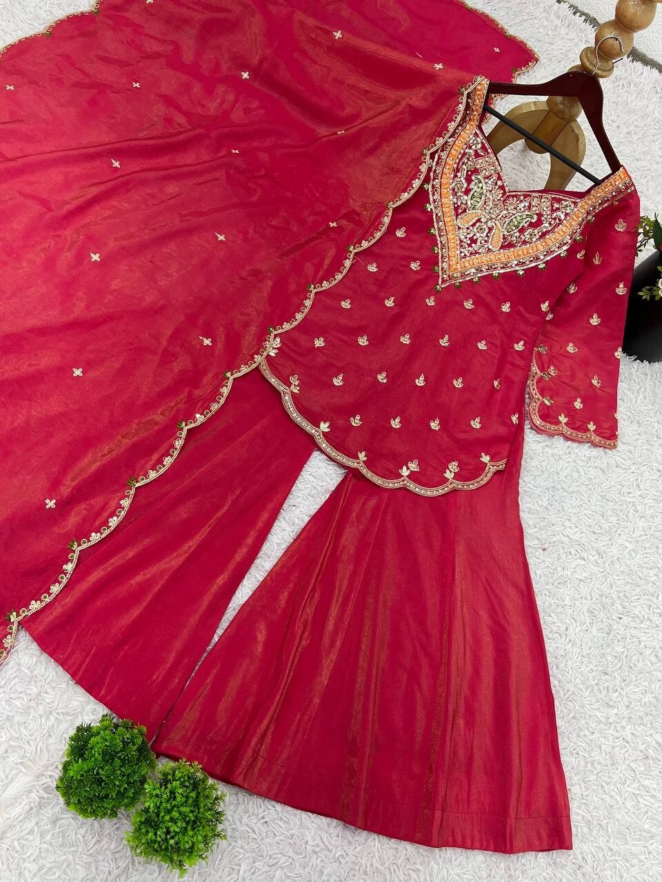 Classy Red Heavy Simar Silk Top And Palazzo With Dupatta For Traditional Wear