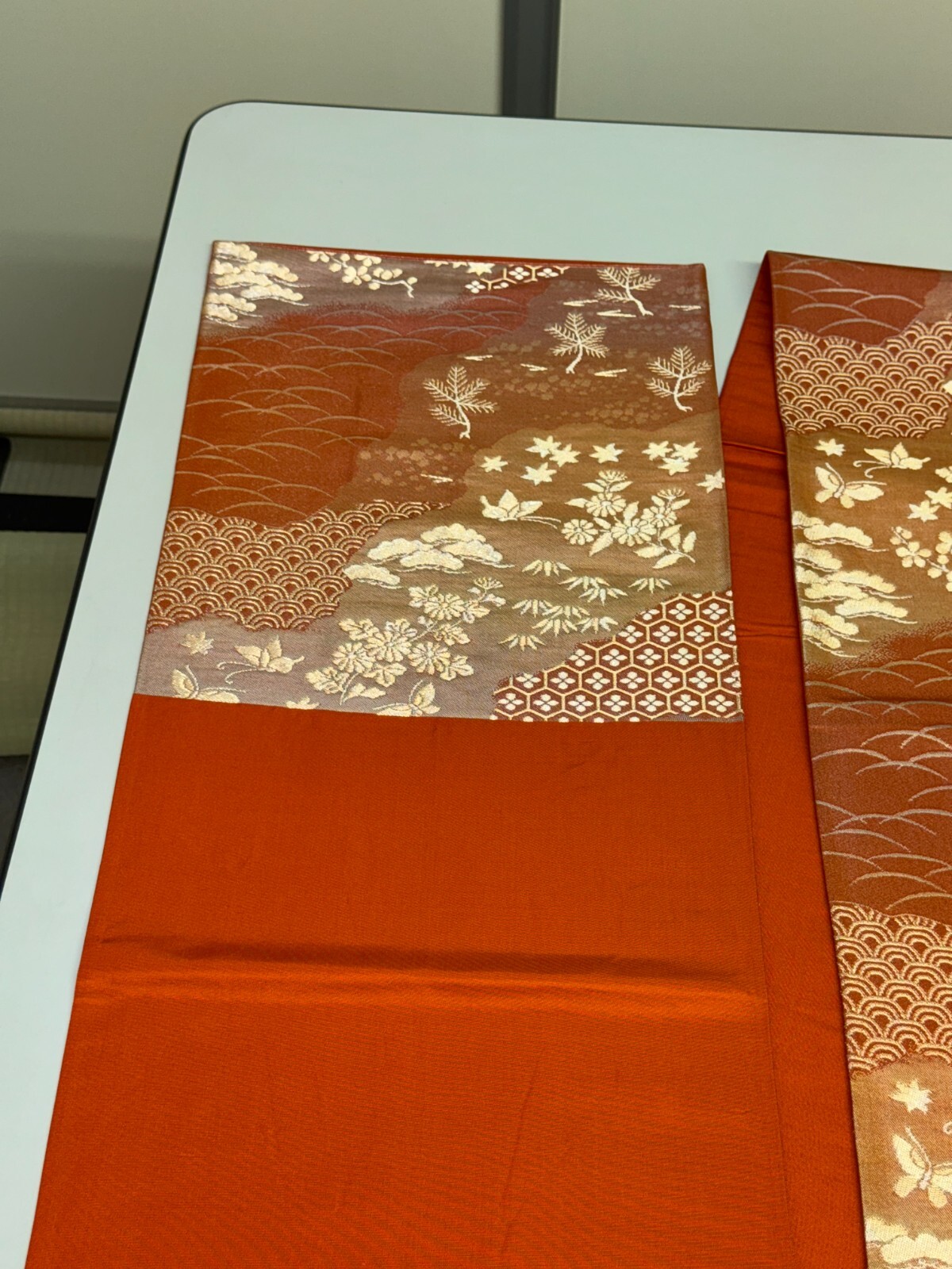 Japanese Vintage Kimono Fukuro Obi silk brown expensive embroidery 167.7×12.2in