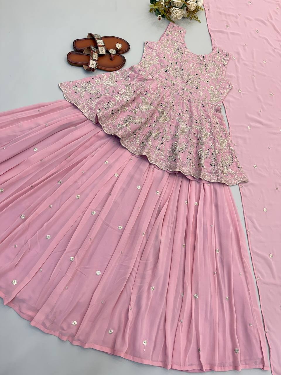 Unique Designer Pink Faux Georgette Silk Top Lehenga With Dupatta For Wedding