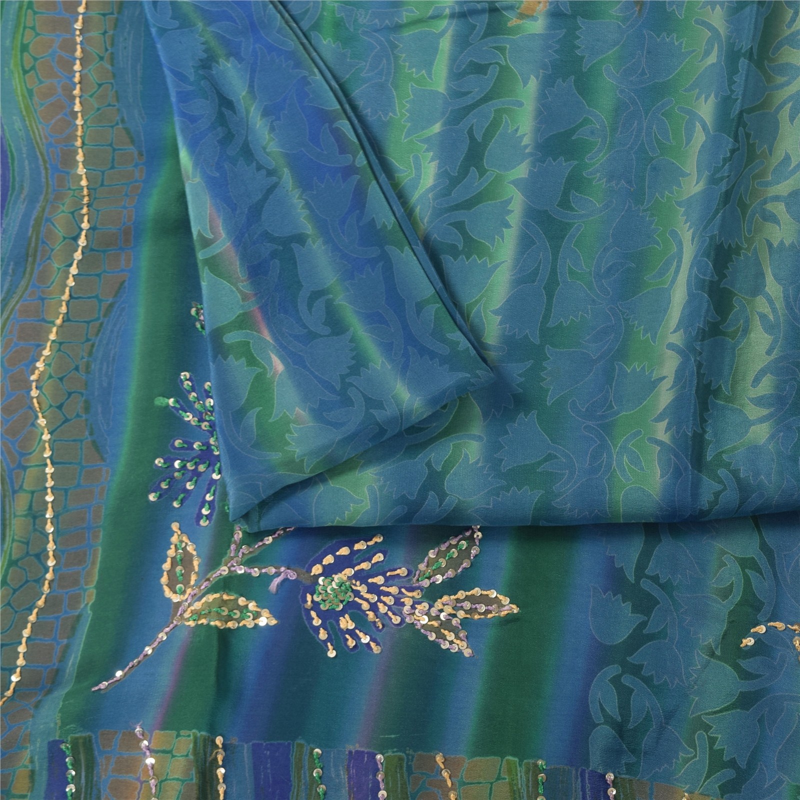 Sanskriti Vintage Saree Blue Pure Crepe Silk Hand Embroidered-Print 5.5+YD Sari