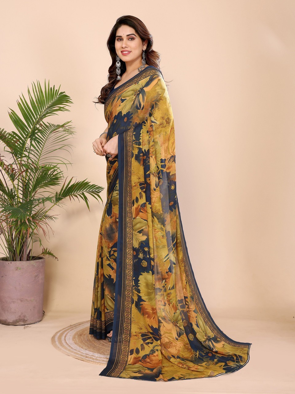 Floral Print Daily Wear Georgette Saree (Blue)