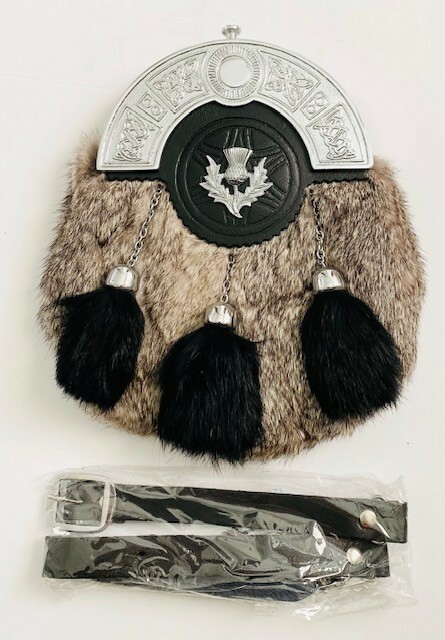 Gray and Black Rabbit Fur Scottish Sporran with 3 Black Fur Tassels