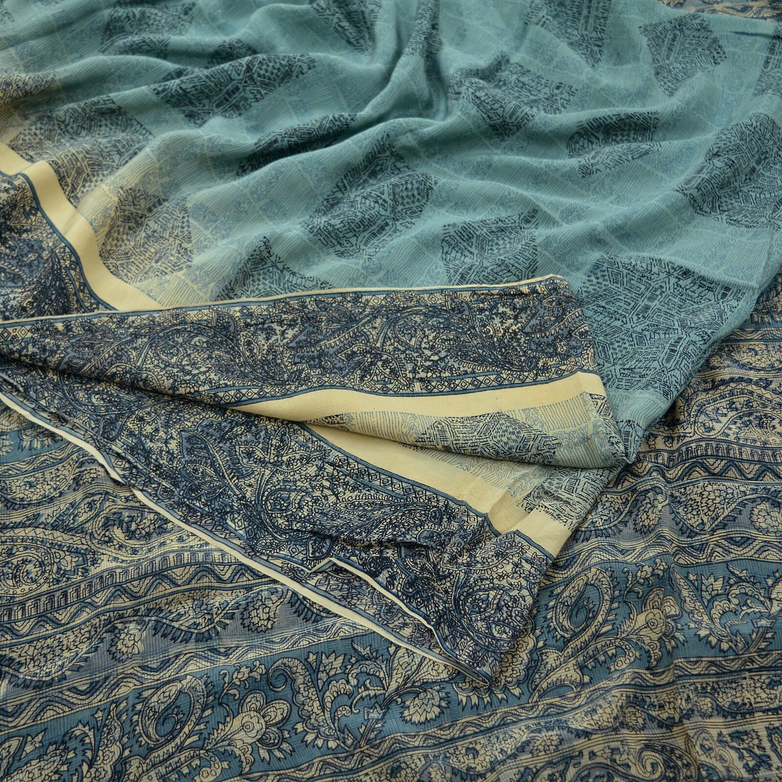 Indian Vintage Beige & Gray Saree Pure Crepe Silk Printed Sari 5yd Sewing Soft