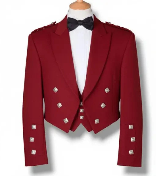 Men’s Scottish Red Prince Charlie Kilt Jacket with 3-Button Vest Highland Wear