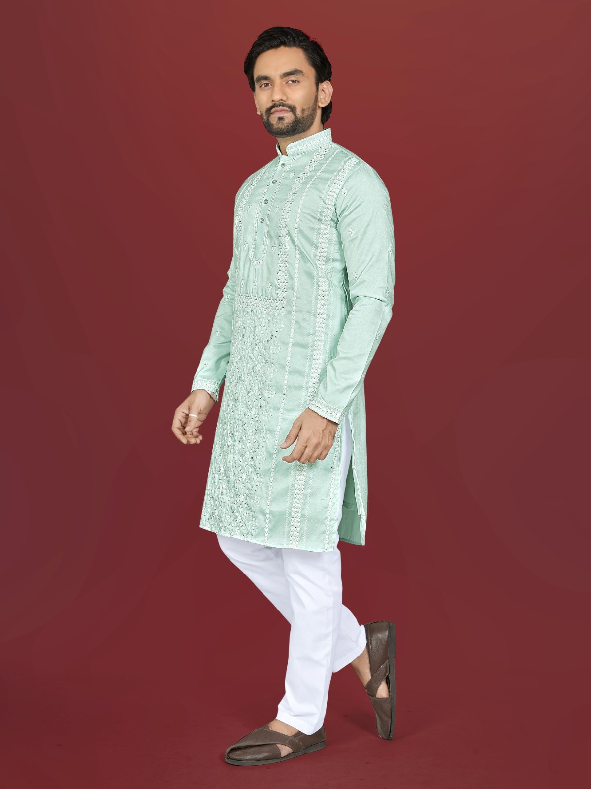 Mens Mint Green Kurta Readymade Soft Silk Raymond Cotton Party Wear Embroidery