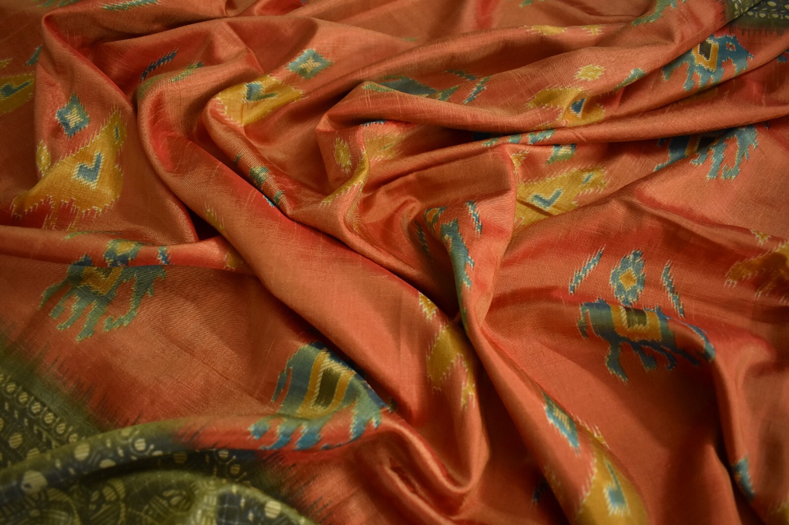 FNC Vintage Saree Indian Orange Hand Woven Ikat Blend Silk Sari Craft Fabric 5Yd