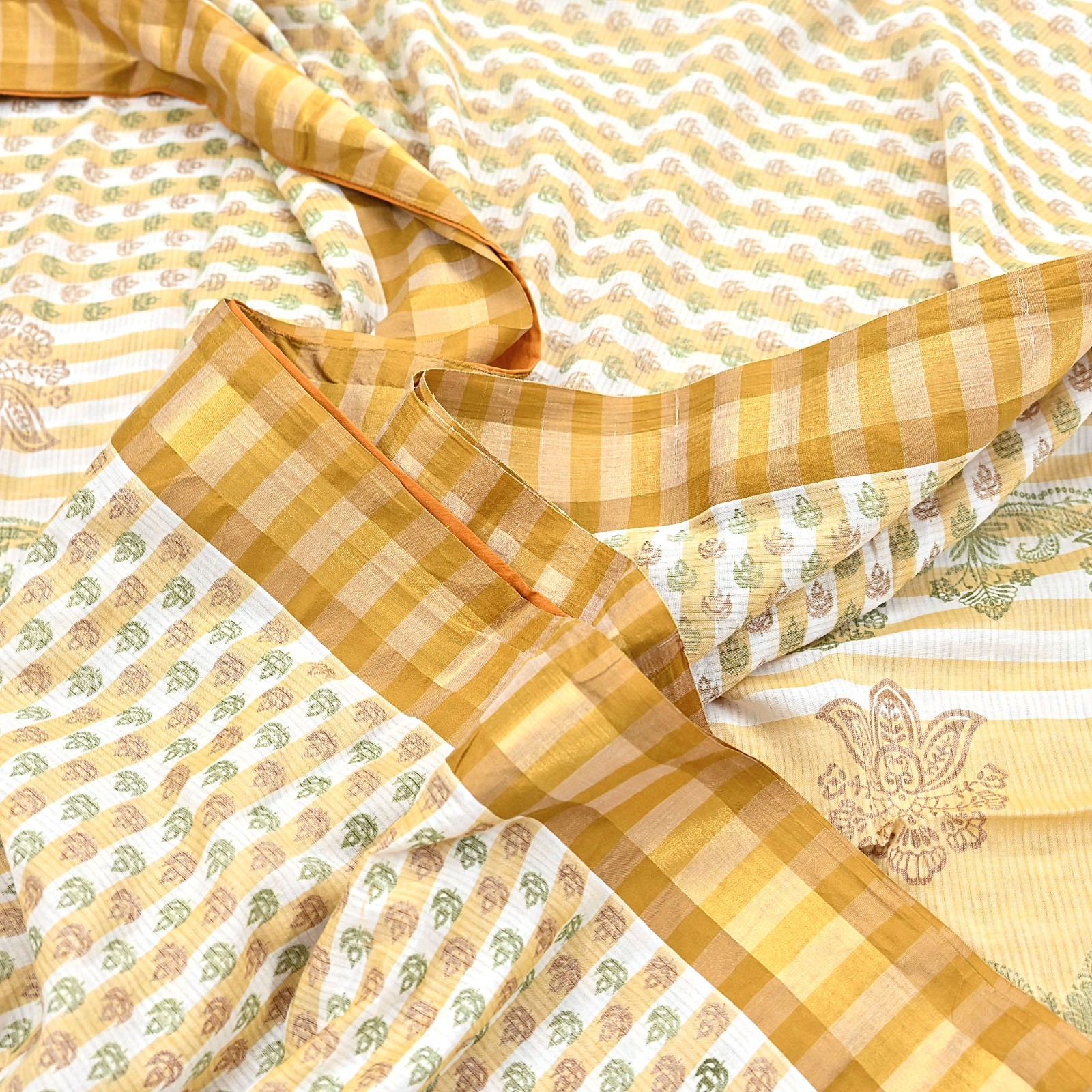Indian Vintage Sari White & Beige Printed Pure Cotton Sarees Craft Fabric 5YD
