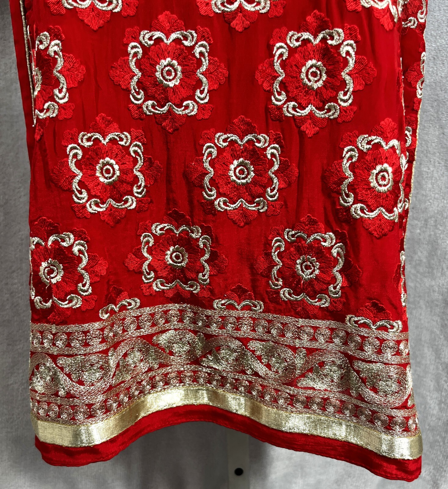 Hand Tailored Red Silk Embroidery Kurta/Dress Round Neck MEASUREMENTS IN LISTING