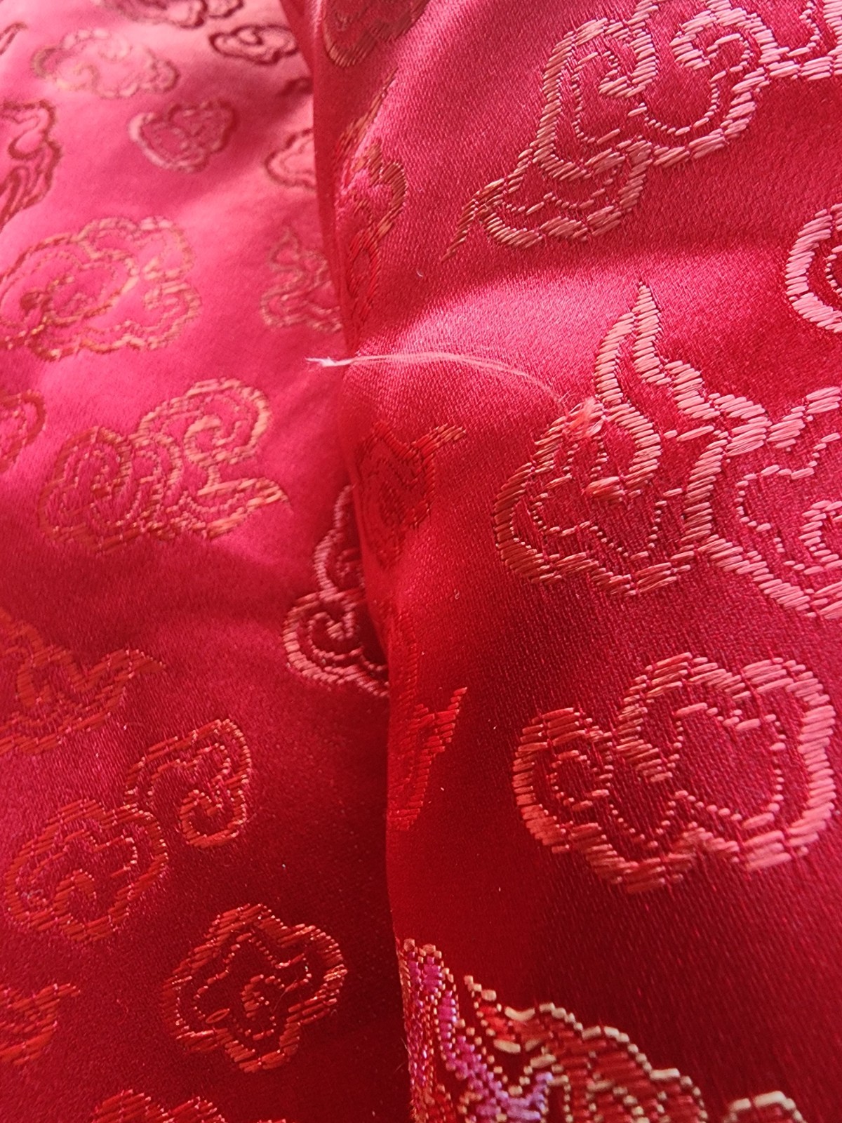 Vintage Chinese Red Brocode Tang Jacket Mandrian Collar Frog Closure Velvet Cuff