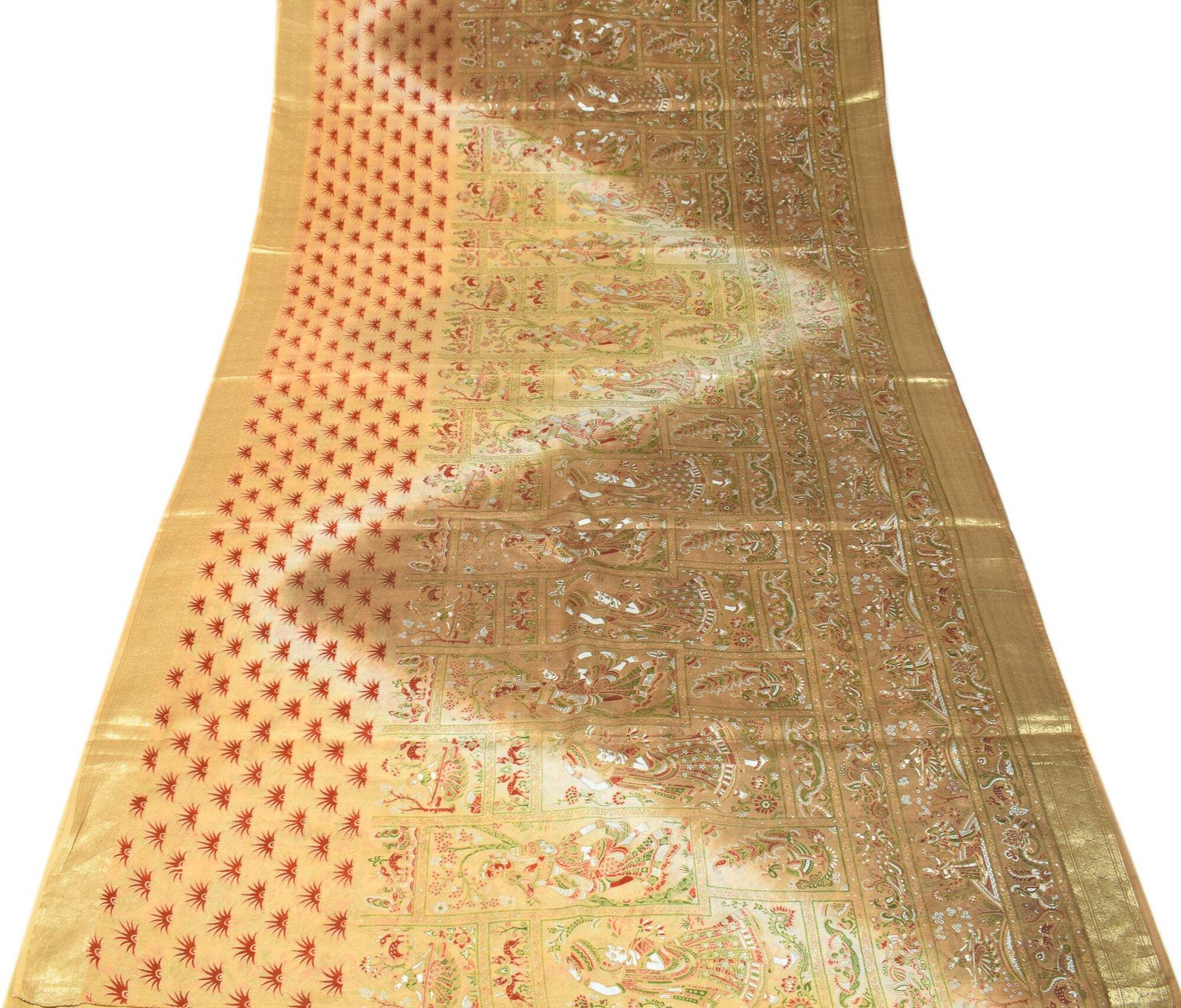 Sushila Vintage Yellow & Green Saree Printed Figure Pure Silk Sari Soft Craft Fa