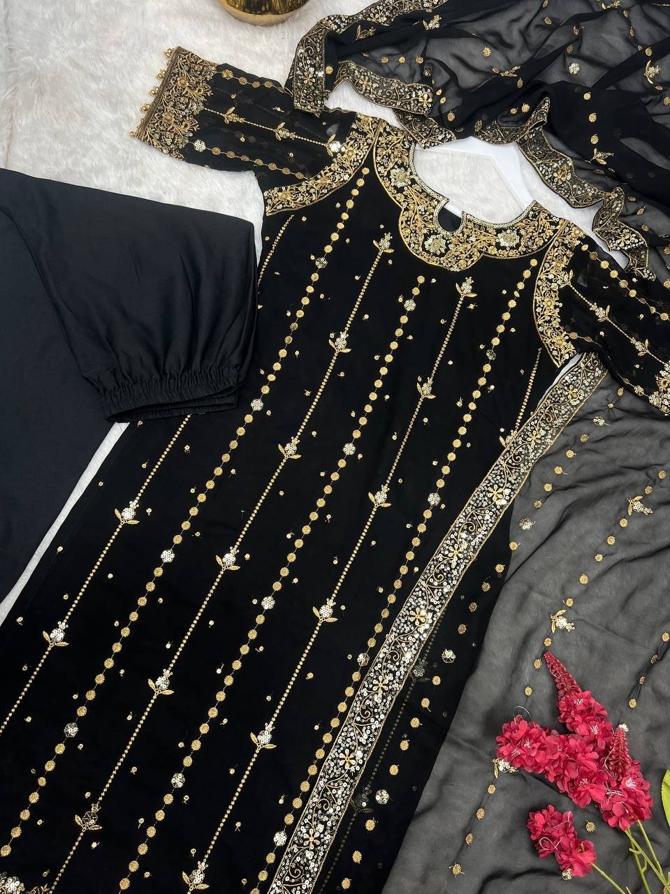 Latest Presenting Faux Georgette Black Salwar Kameez With Dupatta For Festival