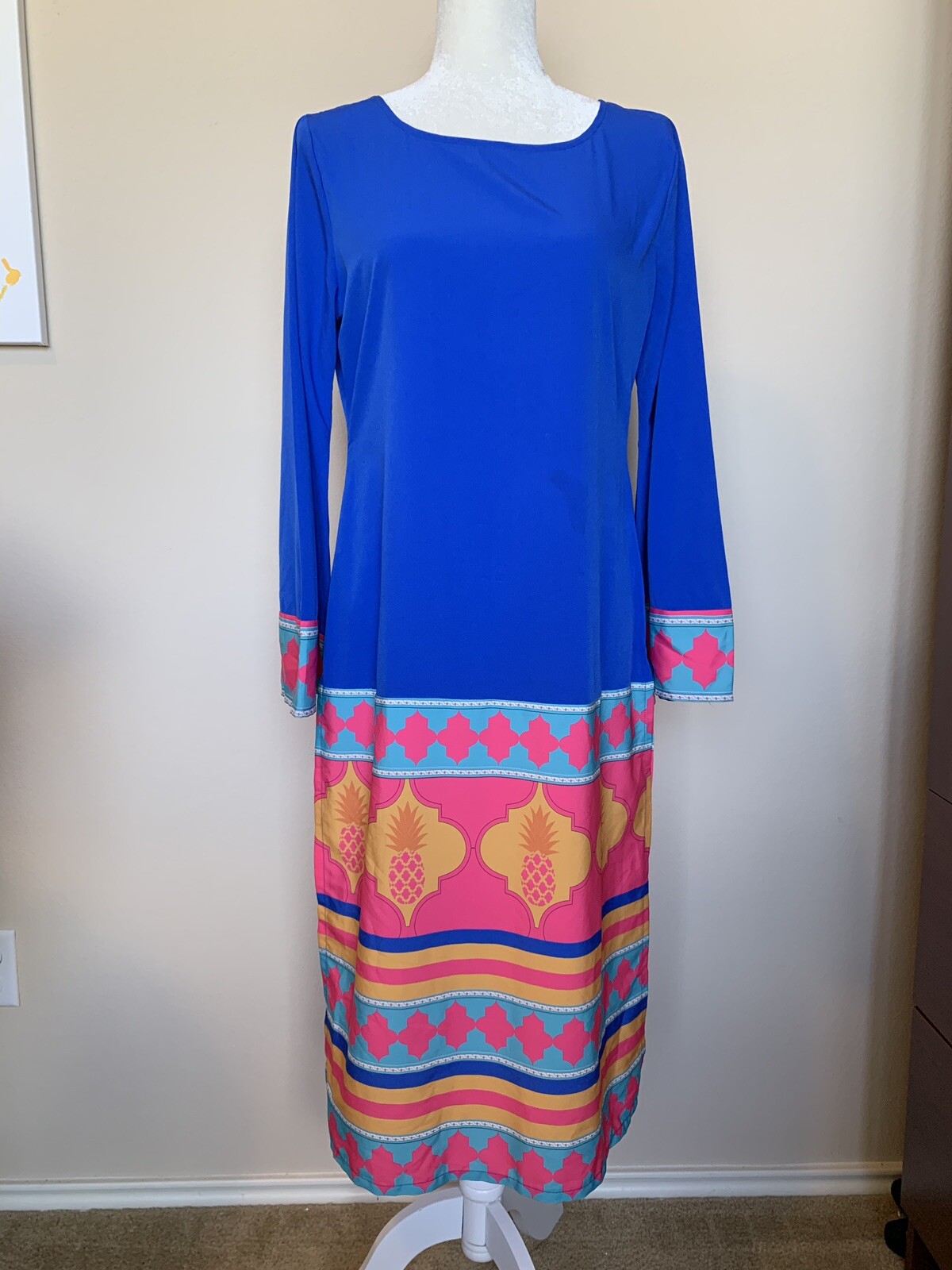 Womens Blue Pink Tunic Kameez Kurta Modern print Size L long sleeves