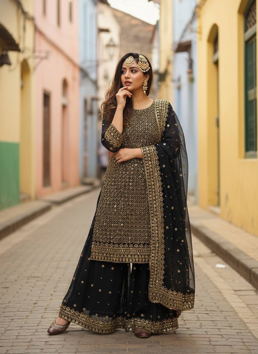 Party Faux Georgette Kurta And Palazzo With Ready To Wear Dupatta For Women
