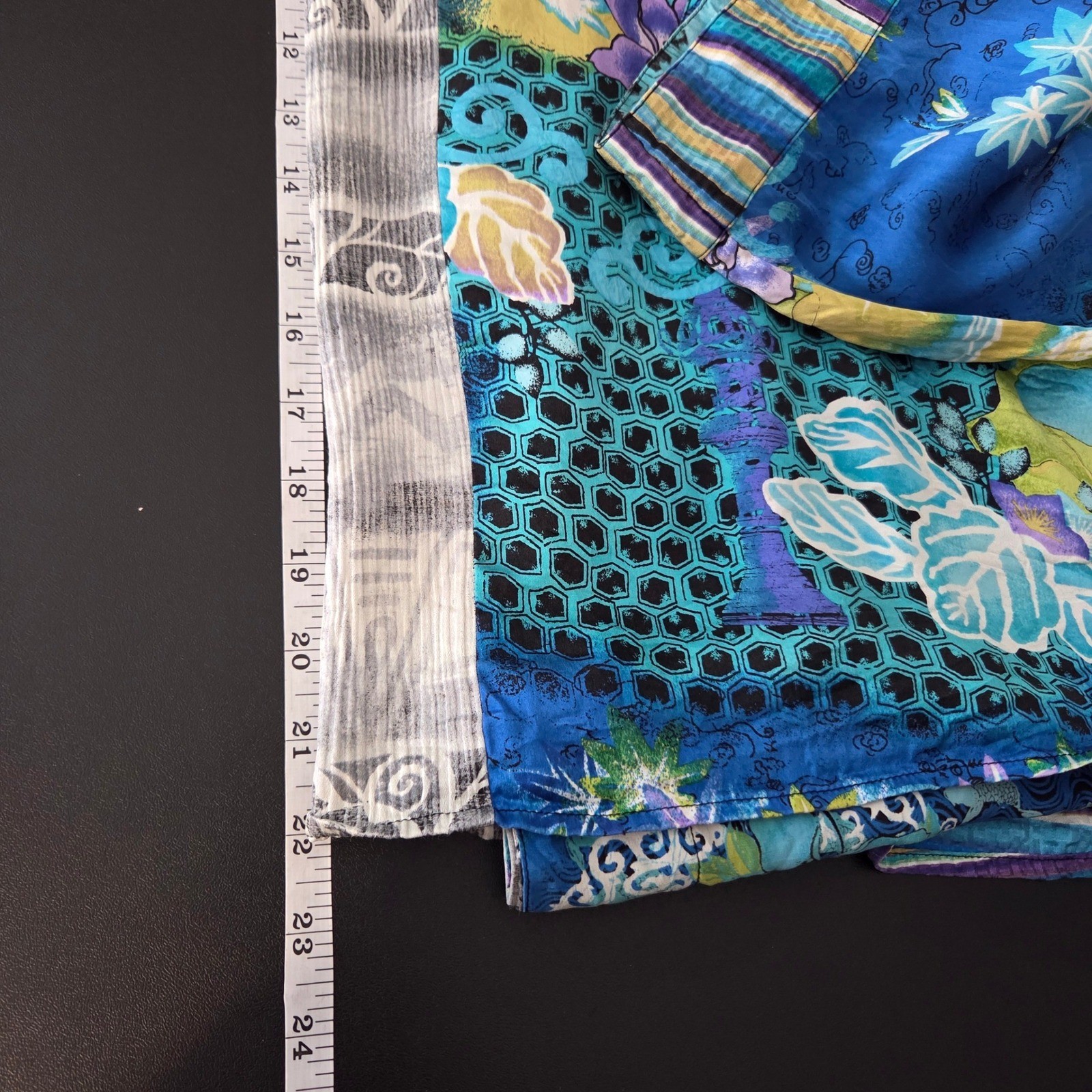 Chico’s Silk Blend Patchwork Kimono Jacket Blue Floral Asian Print Size 3 L XL