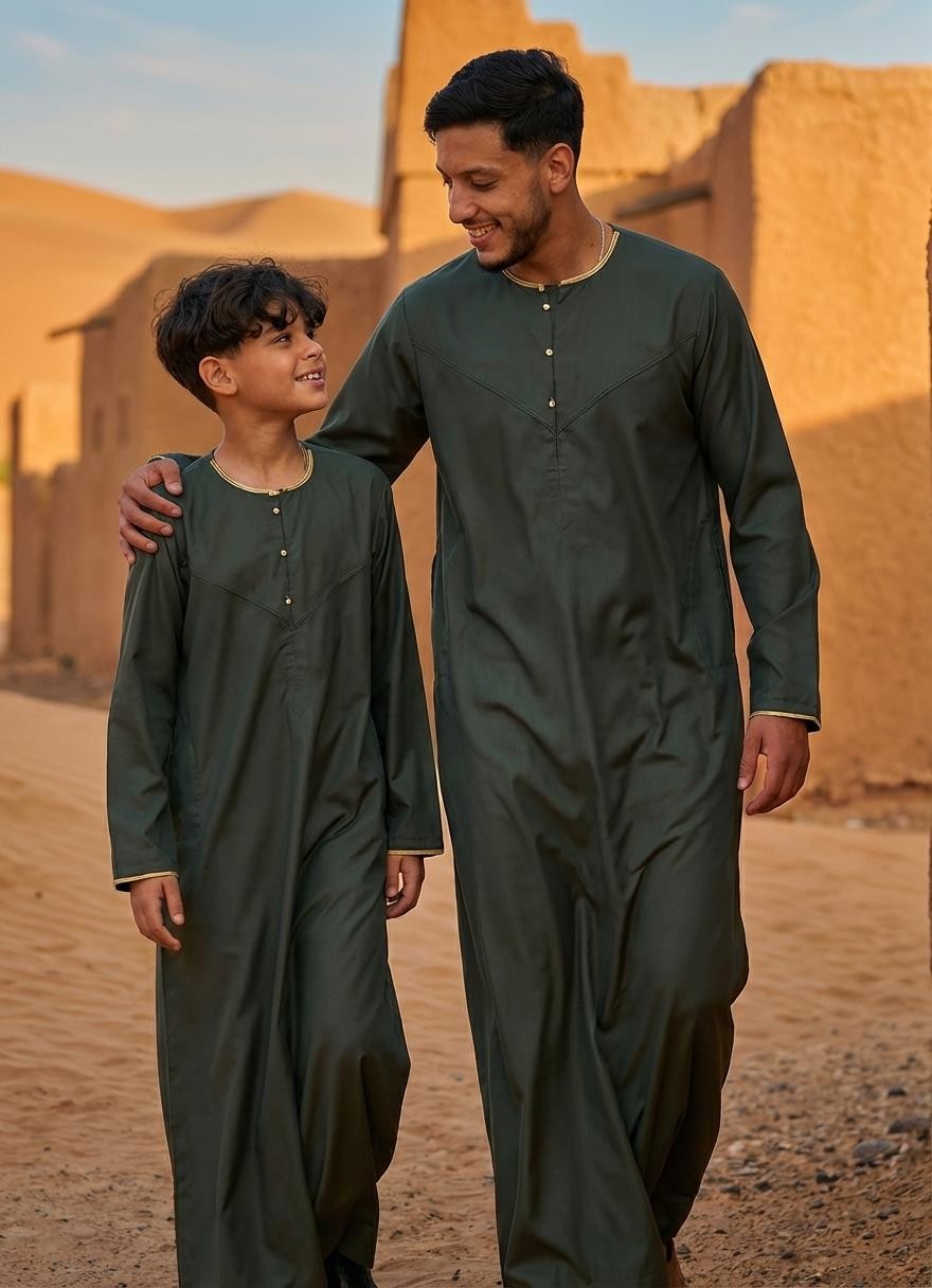 OE-300 – Men’s Green Emirati Omani Thobe Gold Embroidery