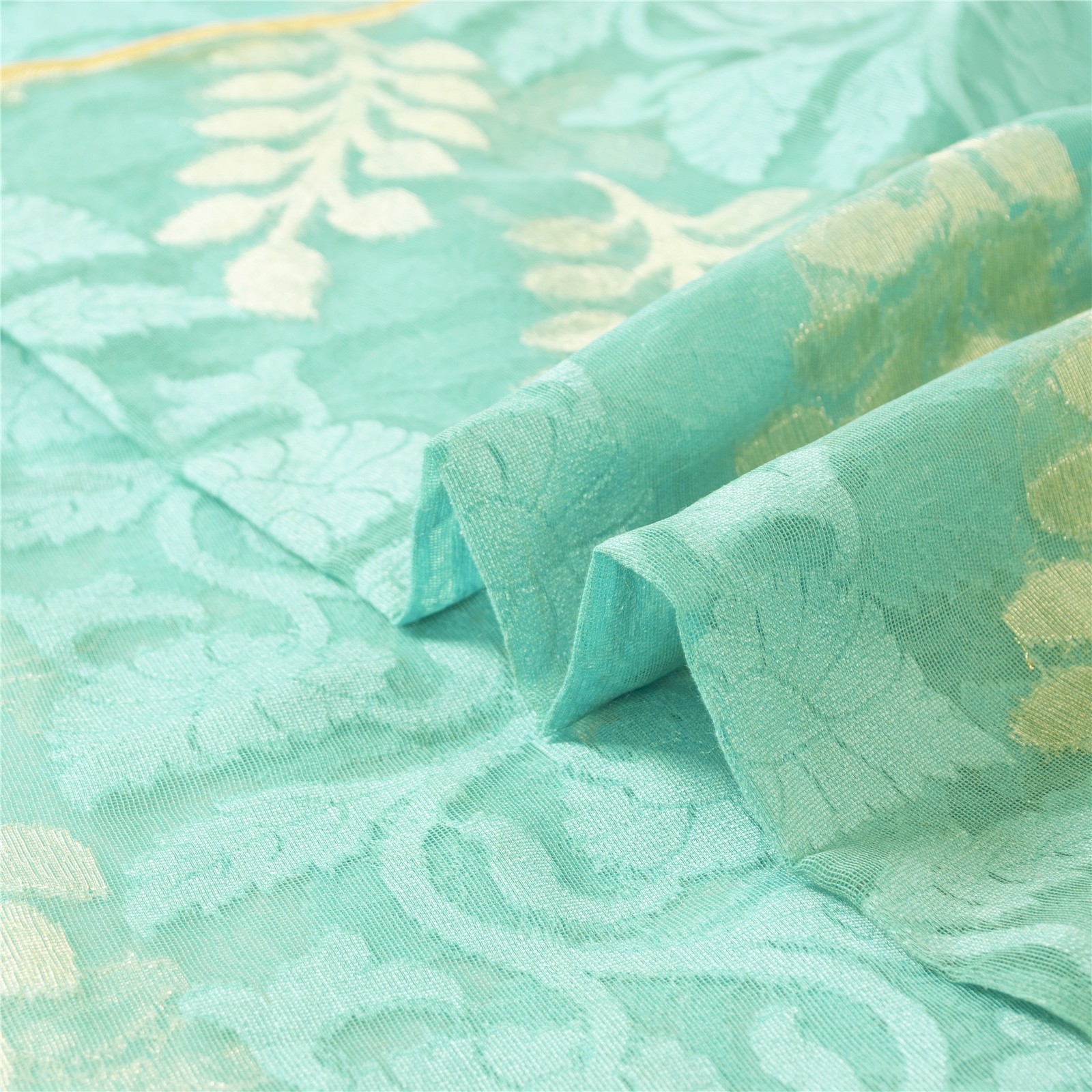 Sanskriti Vintage Blue Indian Sarees Net Mesh Woven Sari 5 Yard Craft Fabric