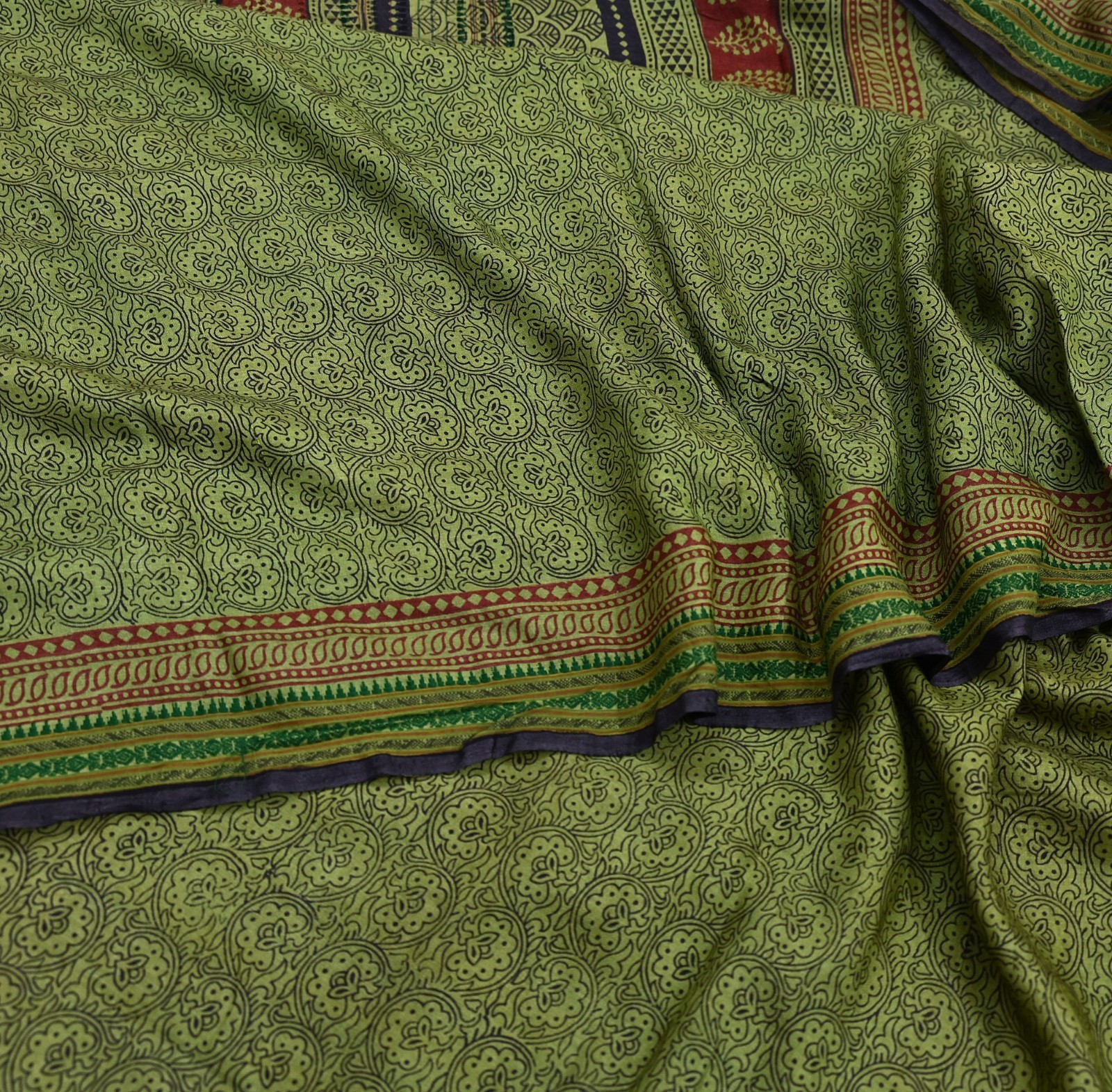 Vintage Green Block Printed Pure Chanderi Silk Saree Floral Zari Border 5yd