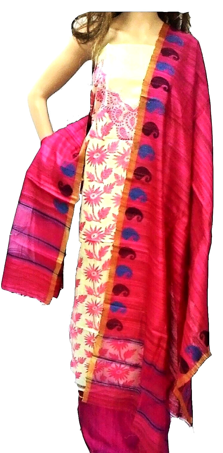 RIAA Indian KANTHA Hand Embroidery Pure Silk Salwar Kameez Suit Dress Material