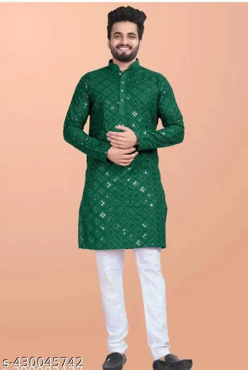 Bollywood Indian Traditional Green Men Fastival Mirror Work Kurta Wedding Kurta