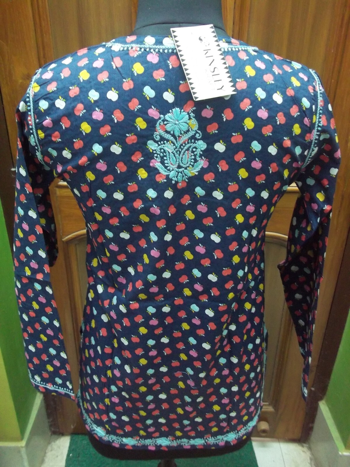 M 40″ APPLE PRINT KURTA ETHNIC HANDMADE 100% COTTON TOP KURTI CHIKAN EMBROIDERY