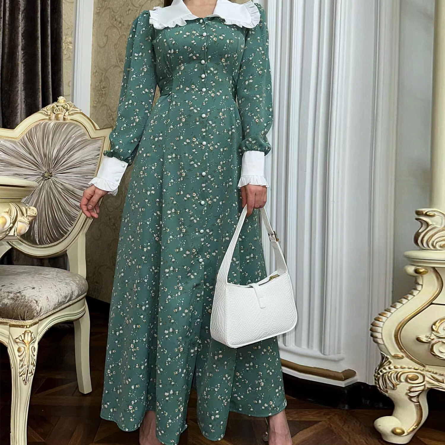 Women Green Print Dress Doll Neck High Waist Muslim Robe Ladies Dubai Party Gown