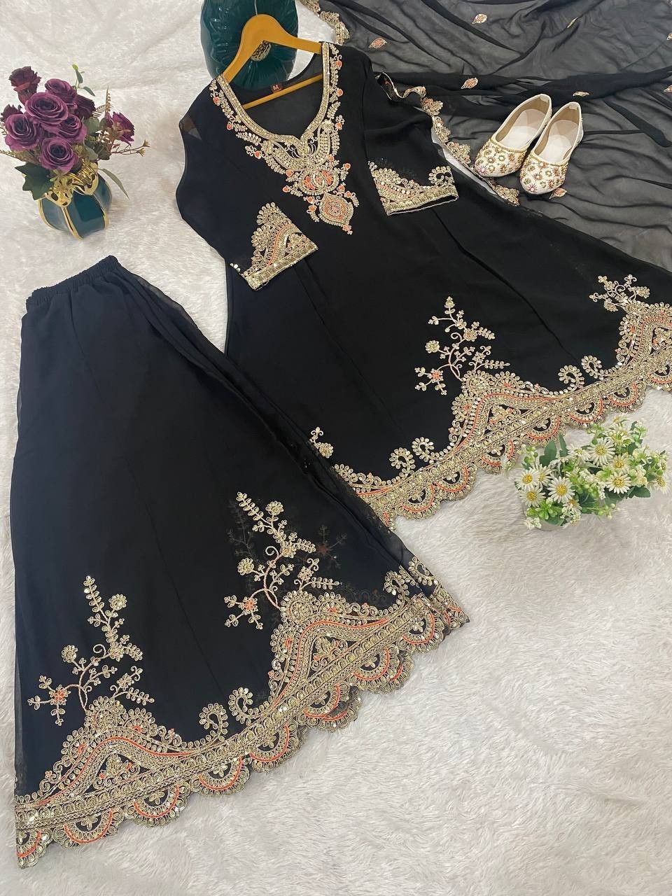 New Launch Black Faux Georgette Kurta Palazzo With Dupatta For Women
