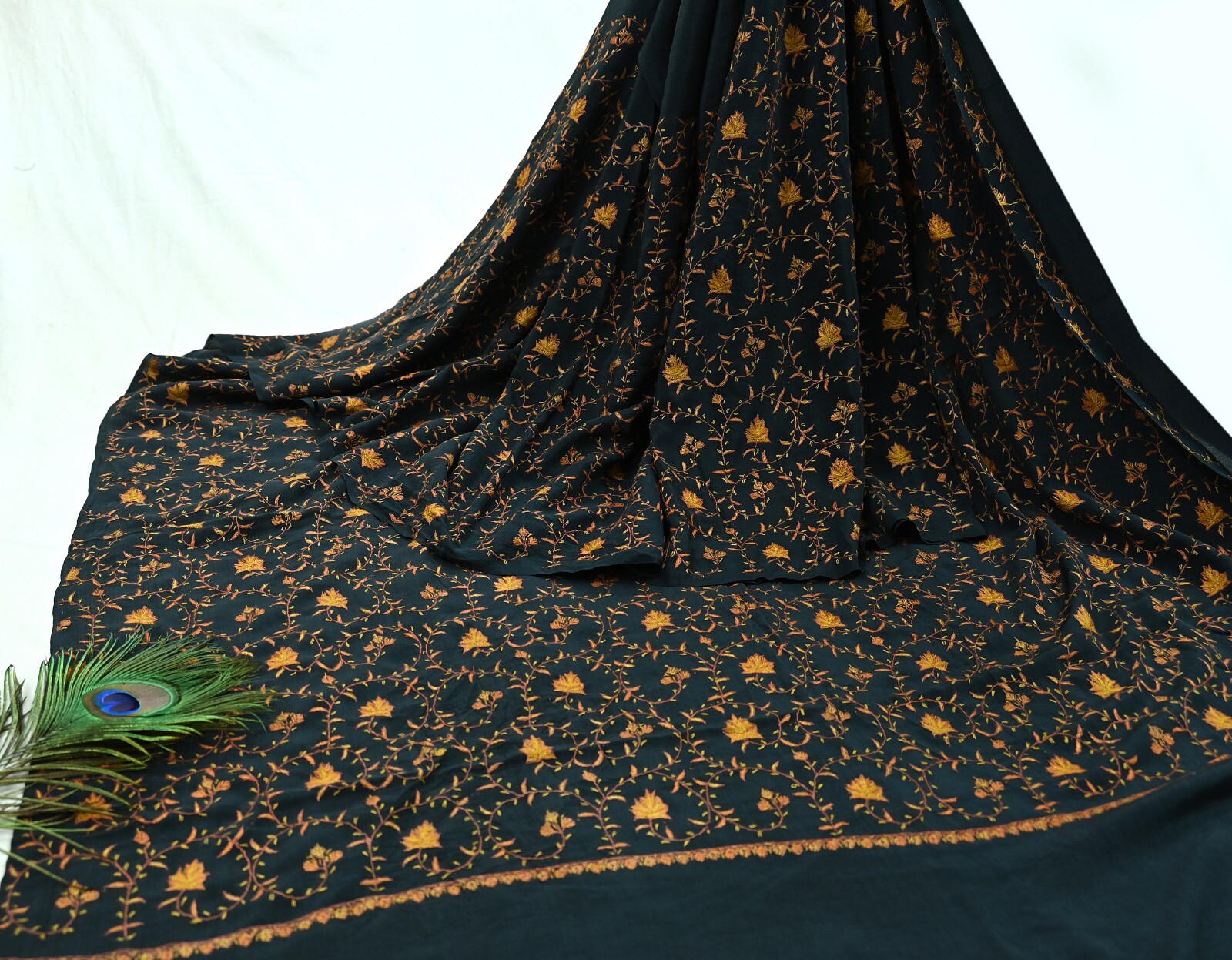 Antique Vintage Sari Black Crepe Silk Hand Embroidered Kashmiri Suzani Saree 5yd