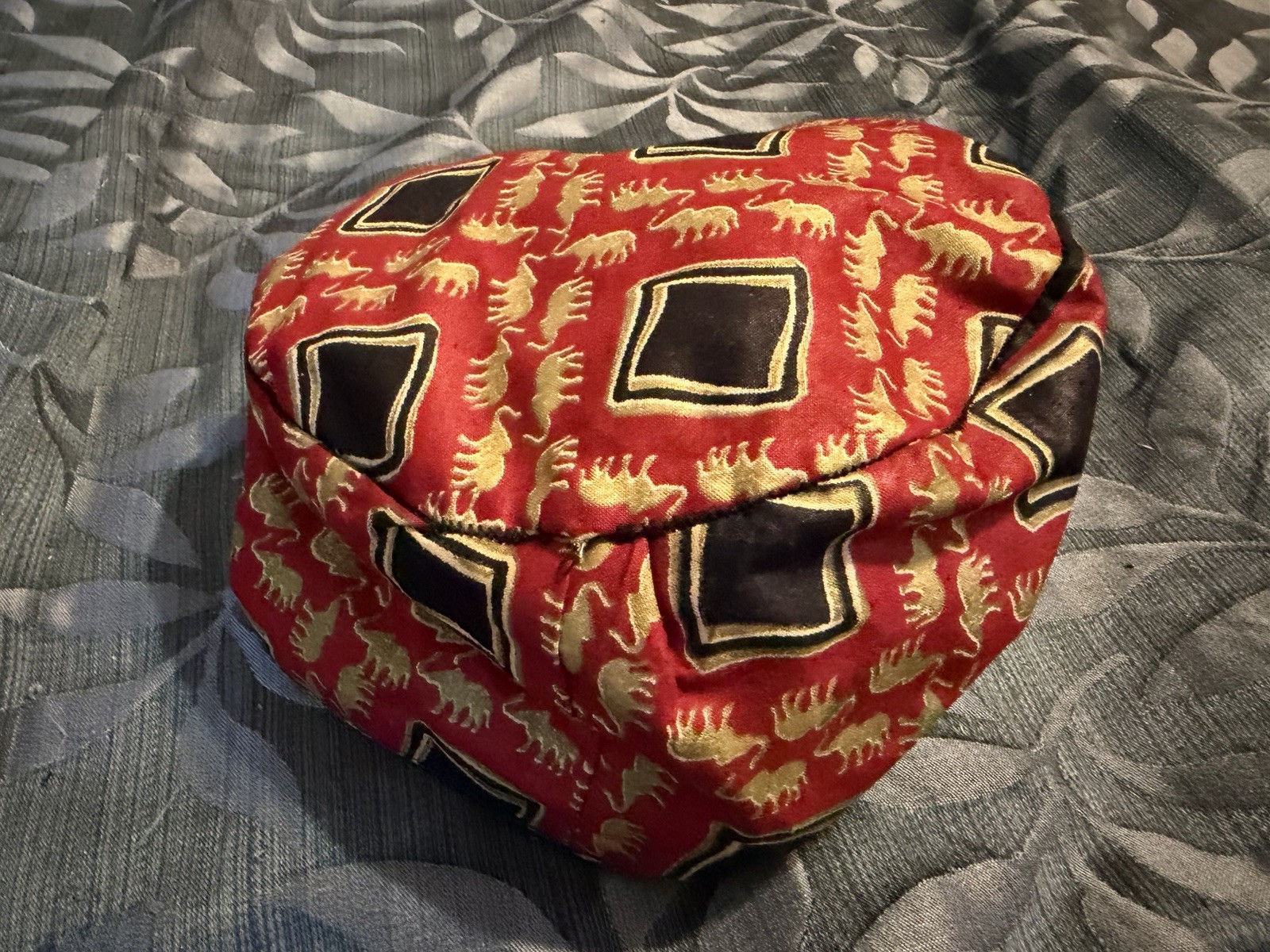 Red African Kufi Hat Gold Black Pattern Cotton One Size Men