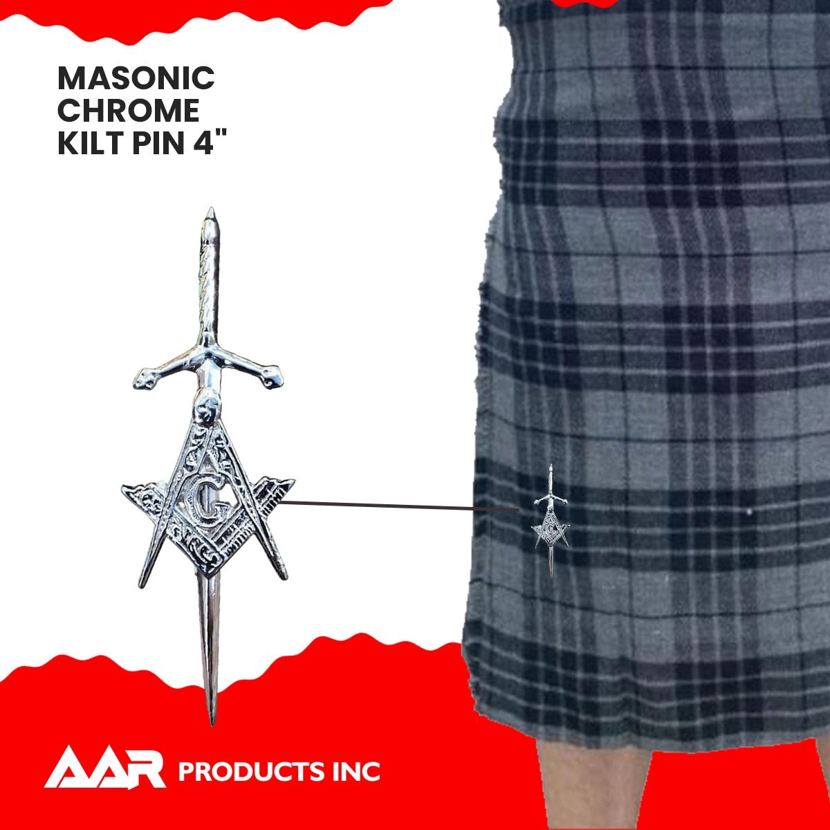 AAR Scottish Masonic Kilt Pin 4″ Silver Chrome Finish Kilt Socks Sporrans New