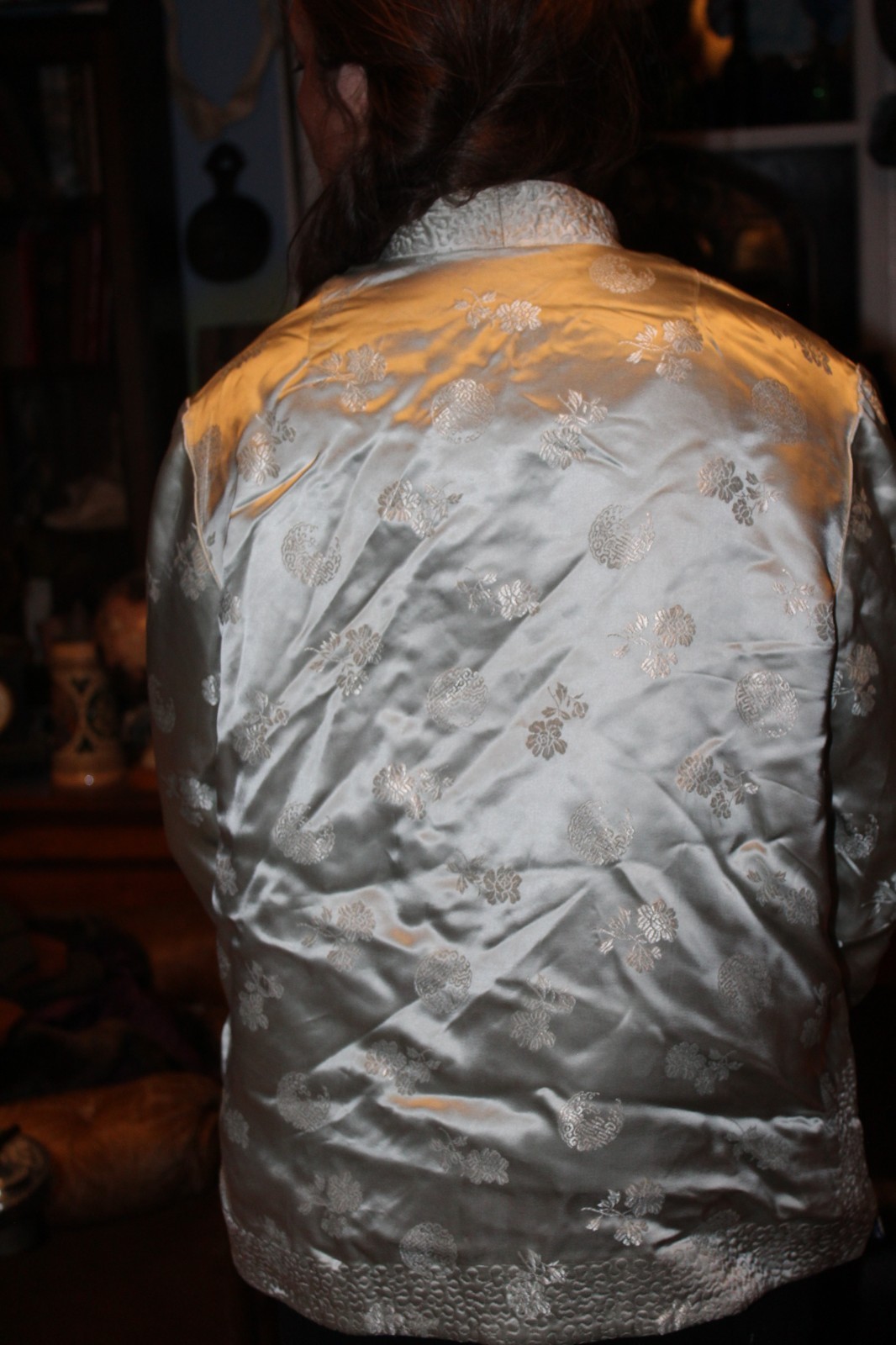 Vintage Chinese Jacket Blue Peonies Satin Floral Jacquard Reversible Med