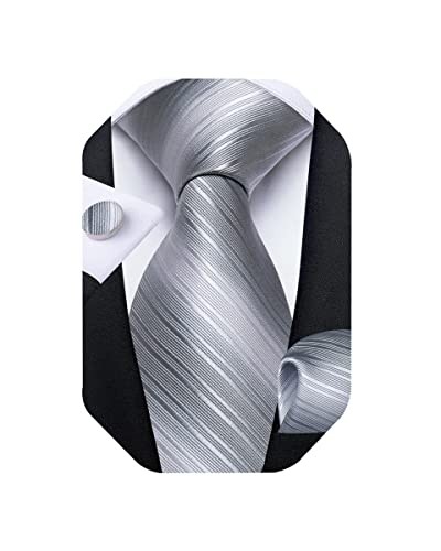 Mens Tie Set Silk Solid Paisley Necktie and Pocket Square Silver Grey