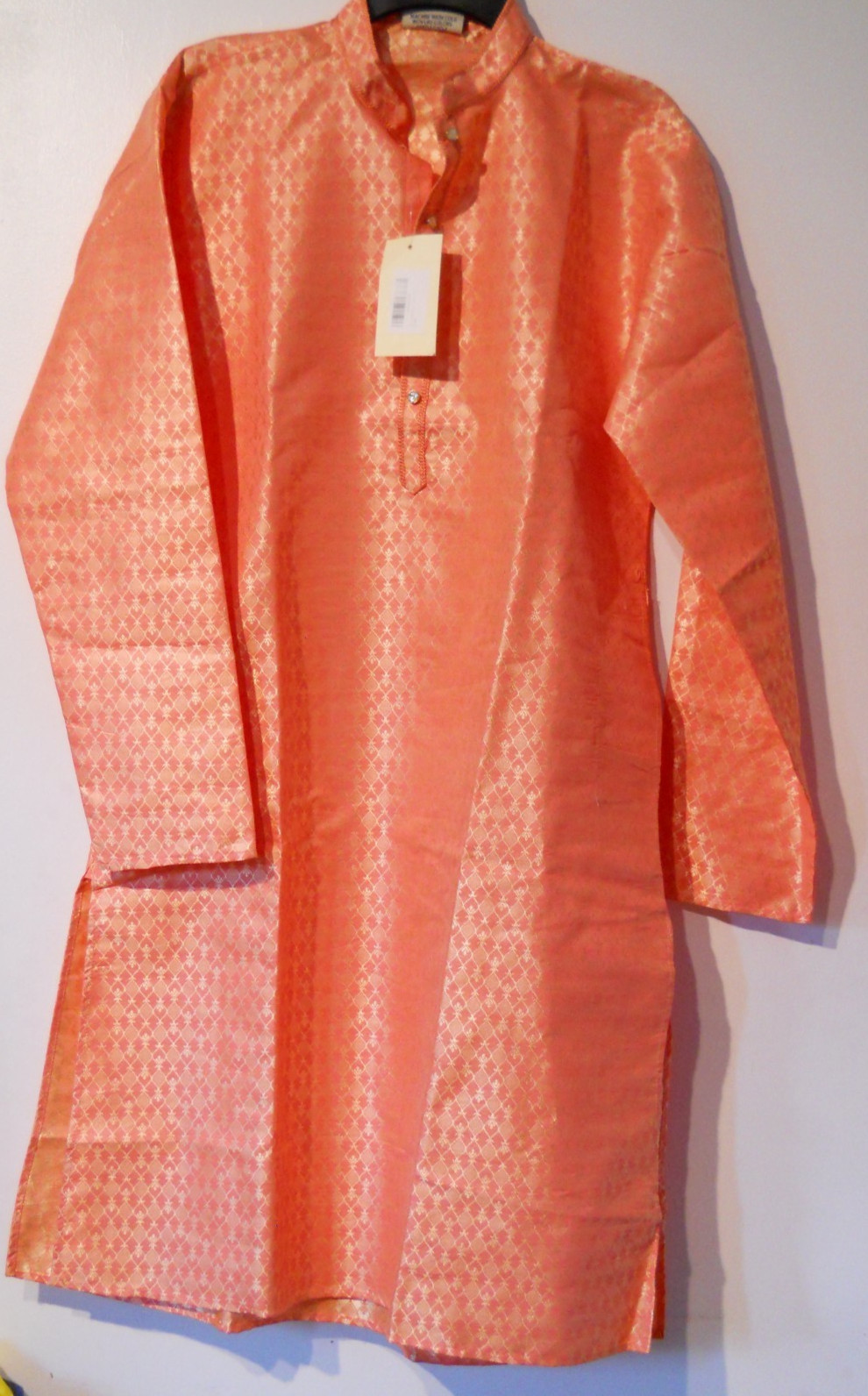 SKAVIJ Long Kurta Patterned Orange Mandarin Wedding Top For Men Size S 38