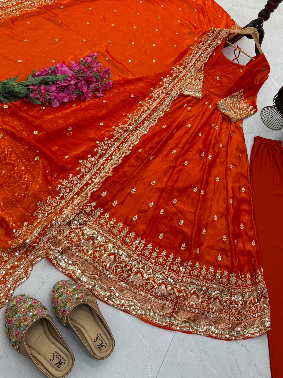 Orange Fendy Silk Embroidered Ready Made Anarkali Salwar Kameez Party Wear S