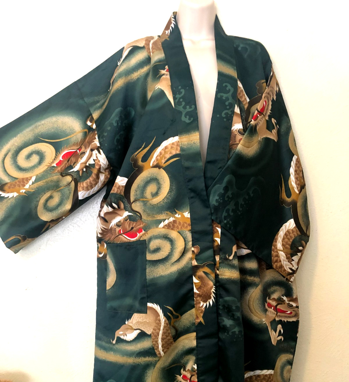 Juguemm Japanese Kimono Robe Emerald Green DRAGON Print Yukata Loungewear 45″