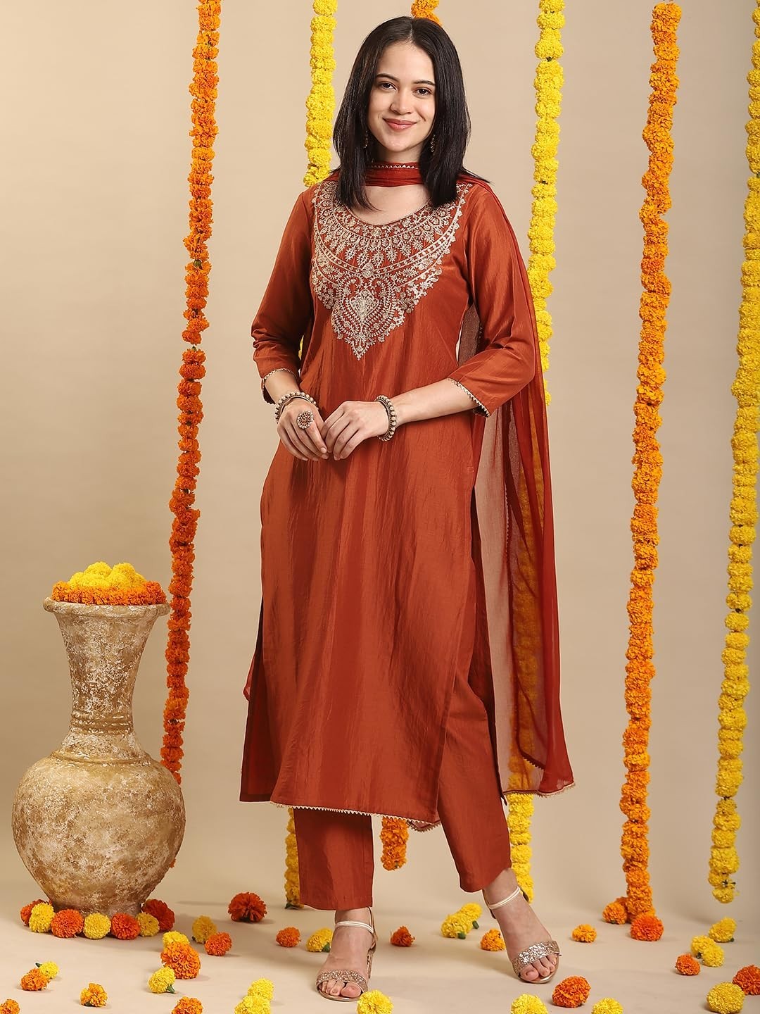 Women’s Rayon Viscose Embroidered Straight Kurta with Pant & Dupatta