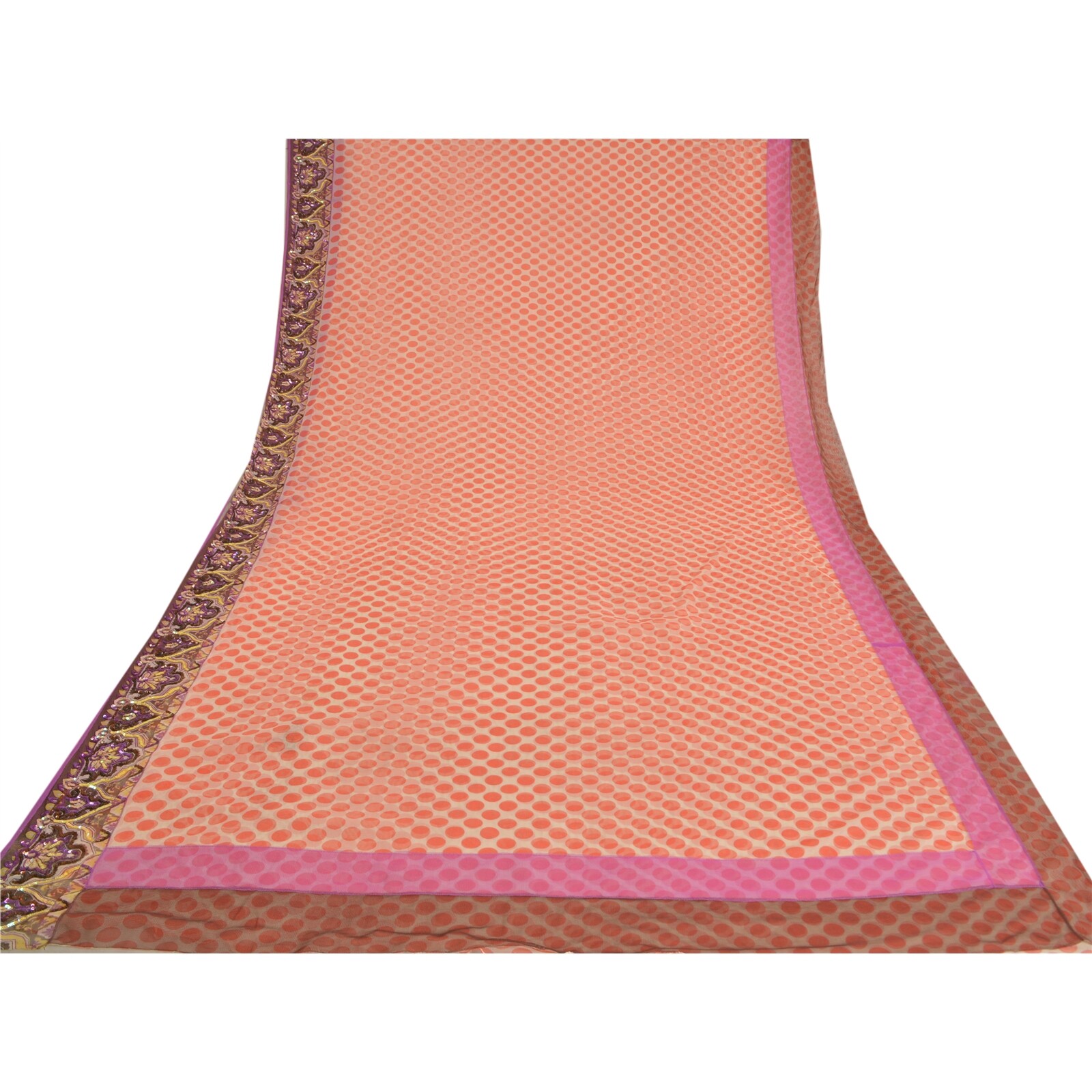 Sanskriti Vintage Orange Sarees Net Mesh Hand Beaded Premium Sari Craft Fabric