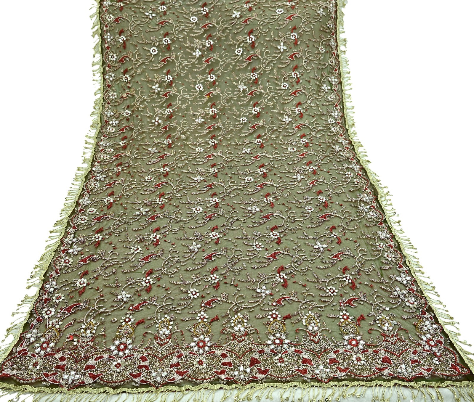Vintage Heavy Green & Maroon Dupatta Net Mesh Long Stole Hand Embroidered Veil