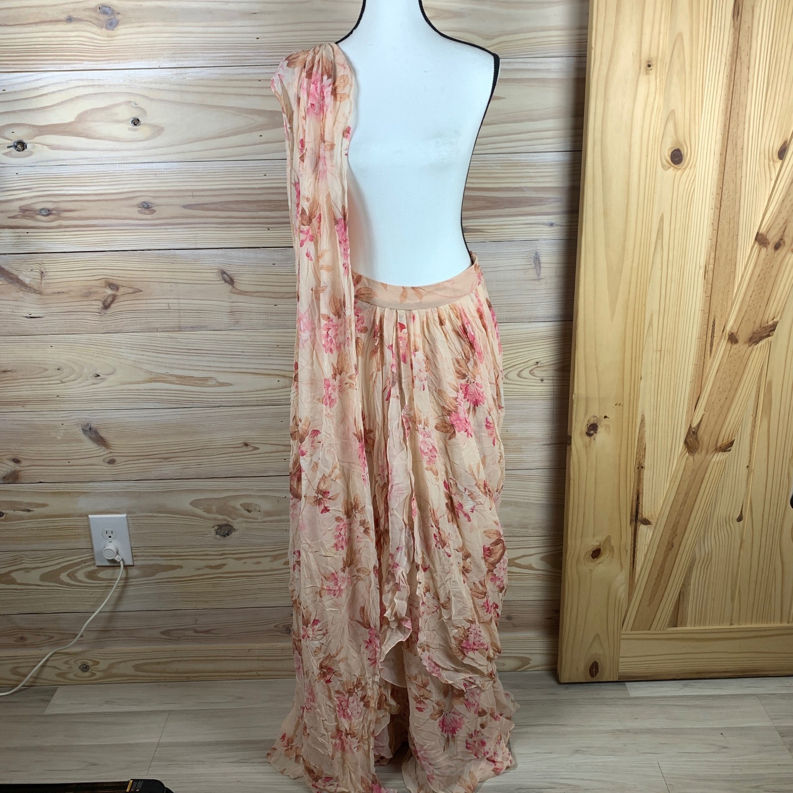 Aariyana Couture Saree Women Large Peach Floral Pre-Draped Chiffon Ruffle Luxury